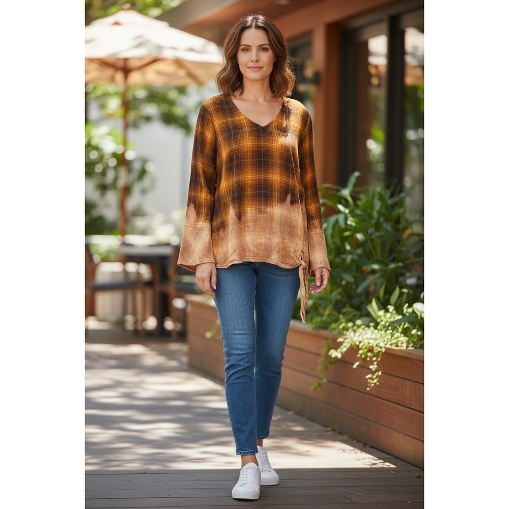 Time and Tru Plaid Bleach Dye Tunic Top Brown Orange Bohemian Women's M
